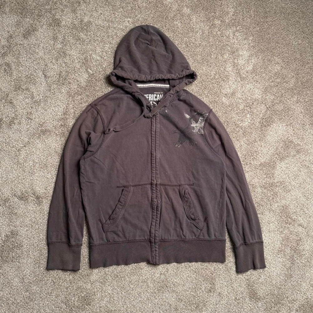 GREY AMERICAN EAGLE OUTFITTERS "OVERLOCK" GRAPHIC ZIP UP HOODIE